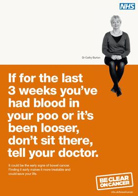 If for the last 3 weeks you've had blood in your poo or it's been looser, don't sit there, tell your doctor (A3 poster)
