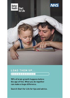 Load them up - man and child with book (digital screen)