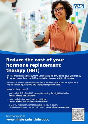Reduce the cost of your hormone replacement therapy - HRT - woman (leaflet)
