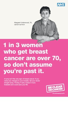 1 in 3 women who get breast cancer are over 70, so don't assume you're past it (A4 poster - Margaret Underwood)