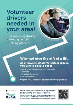 Volunteer drivers needed in your area - Travel Norfolk car scheme (A4 poster)