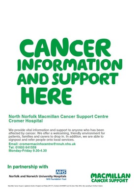 Cancer information and support here - North Norfolk Macmillan Cancer Support Centre (A4 poster)