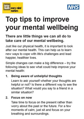 Top tips to improve your mental wellbeing (large print)