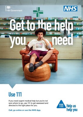 Get to the help you need - male in pharmacy (A4 poster)