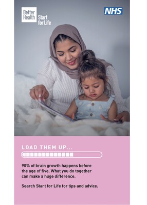 Load them up - woman and child reading (digital screen)